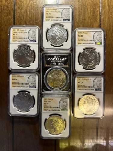 2021年 モーガン・ピース $1 MS70 6ピースセット + ボーナス2枚 1921 MS64 PCGS 100番ラベル付き + 2ND
