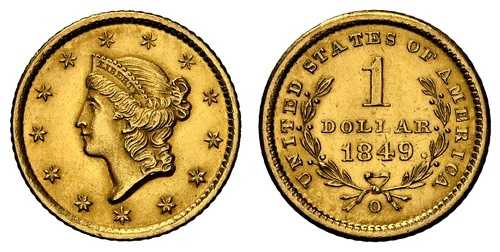 1849-O AVドル。NGC MS63 ニューオーリンズ。自由の女神像 KM 73。開いた花輪。