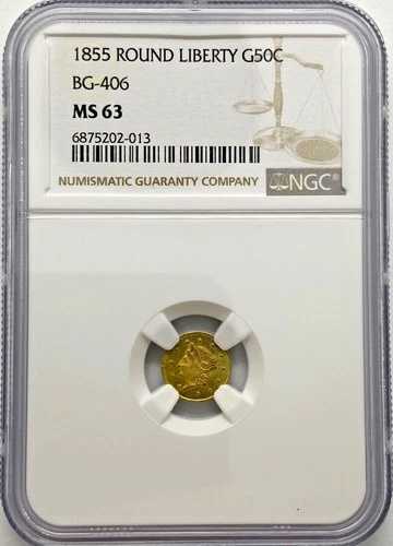 1855年 $.50 カリフォルニア フラクショナルゴールドラウンド NGC MS63 BG-406 希少度 9.6