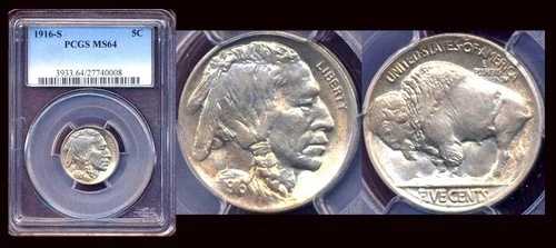 1916-S 5C PCGS MS64- ミント ラスター-PQ バッファローニッケル