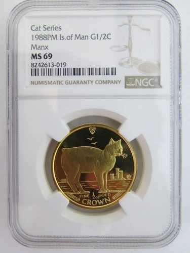 1988年 1/2オンス ゴールド クラウン マン島 マンクスキャット NGC MS69 エリザベス2世即位1年目発行