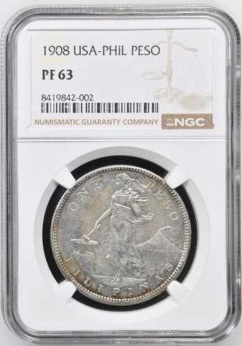 1908年 アメリカ フィリピン 1ペソ NGC プルーフ 63 美しいコイン 500 鋳造- 555,720円