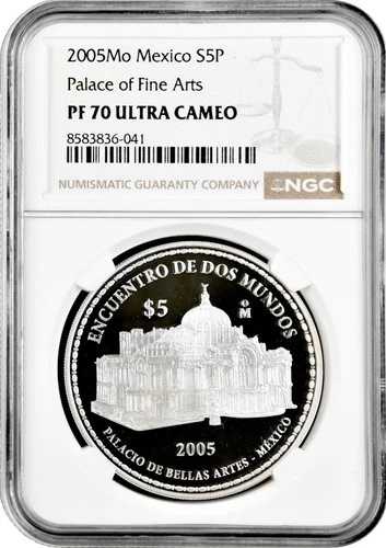 メキシコ 5ペソ 2005年 NGC PF70 UC、「100周年記念 - 通貨改革」トップポップ