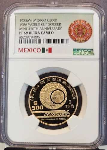 1985年 メキシコ ゴールド 500ペソ ミント 450周年記念 NGC PF 69 ウルトラカメオ トップポップ