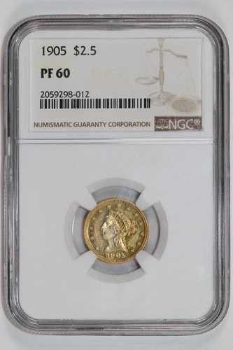 1905 年プルーフ 2.5 ドル ゴールド リバティ クォーター イーグル NGC PR60 - わずか 144 枚しか鋳造されません。
