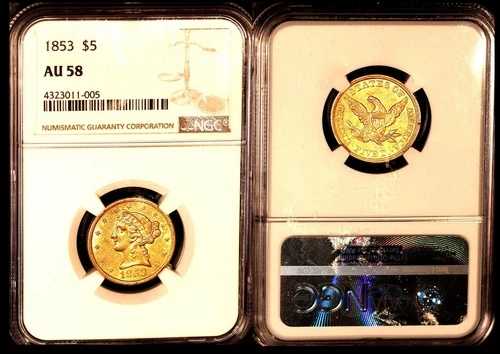 1853 G$5- NGC AU58-オリジナル表面＆カラー-リバティヘッドハーフイーグル