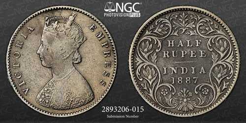 英国インド 1887C インド 1/2 ルピーNGC-