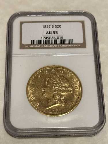 1857-S AU55 NGC リバティ ダブルイーグル 20 ドル金貨 PQ 素晴らしい魅力 (PCGS なし)