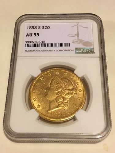 1858-S AU55 NGC リバティ ダブルイーグル 20 ドル金貨 非常に美しい外観 PQ (PCGS なし)