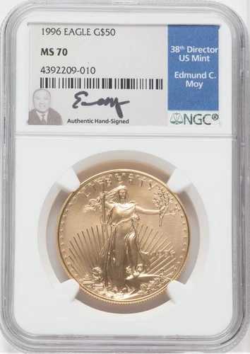 1996年 50ドル アメリカンイーグル NGC MS70 エド・モイ直筆サイン