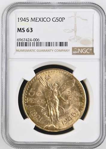 メキシコ 1945年 50ペソ 41.67g 金リベルタッドコイン NGC MS63 1.2057オンス AGW GEM BU
