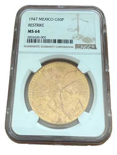 メキシコ 1947年 金貨 50ペソ NGC MS64 再鋳造