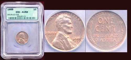 1955/55 1セント ダブルダイ ICG AU58 リンカーン ウィートセント