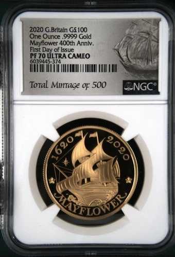 2020 PF70UC G. イギリス G100ポンド 1オンス 金貨 メイフラワー号建国400周年記念 NGC