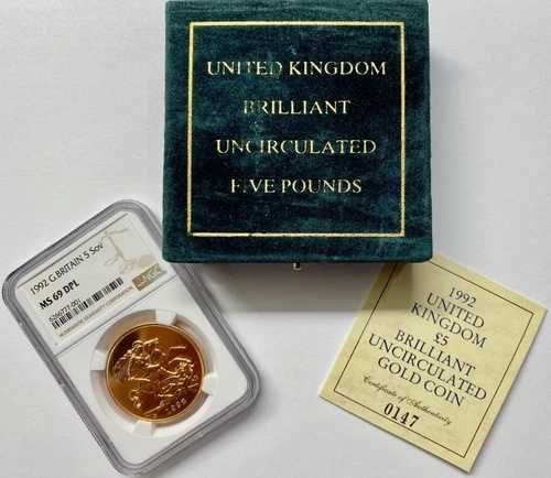1992年 イギリス 5ポンド金貨 NGC MS-69 DPL