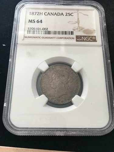 1872H NGCグレードカナダ、25セント、**MS-64**（Sm 2ホルダーに記載なし）#002 790,680円