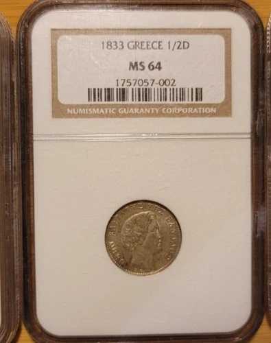 ギリシャ 希少 銀貨 1/2ドラクマ 通貨コイン 1833年 KM 19 NGC 64
