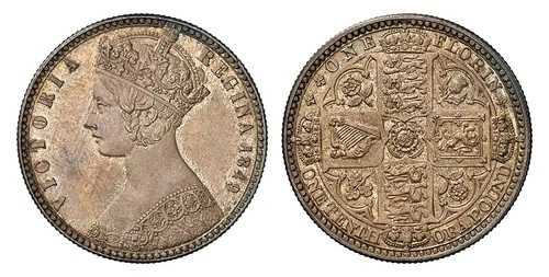 イギリス ヴィクトリア 1849年 AR フローリン 2シリング NGC MS63 S3890; ESC-2815