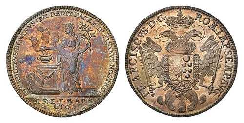 ドイツの聖ニュルンベルク。1763年 SF-ILOE AR ターラー。NGC MS62 フーベルトゥスブルク条約