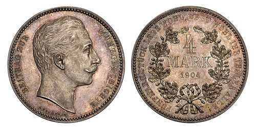 ドイツ・プロイセン。ヴィルヘルム2世 1904年 ARパターン4マーク。NGC PR62 Schaaf 103a/G1