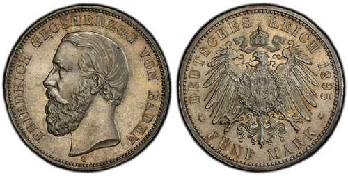 ドイツ、セント・バーデン。フリードリヒ1世、1895-G AR 5マルク。PCGS MS64 カールスルーエ J-29。