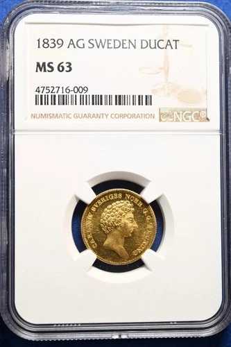 スウェーデン ダカット 1839 NGC MS63 希少 & ほぼ完璧!