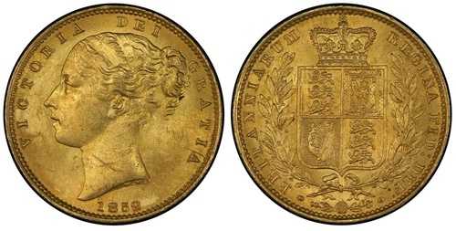 イギリス ヴィクトリア 1852年 AV ソブリン金貨。PCGS MS63。SCBC-3852C (アラビア数字 1)