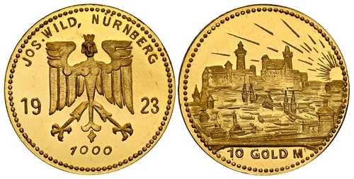 ドイツの聖ニュルンベルク。1923年 AV 10 ゴールドマルク。NGC PR63UCAM 市街地の眺め