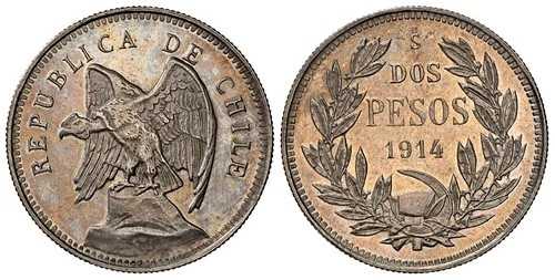 チリ 1914-So ARパターン 2ペソ NGC MS60 サンティアゴ KM 未掲載（KM Pn27バリアント）