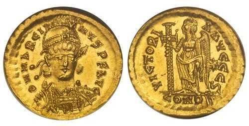 ローマのインプ。マルシアン 西暦 450 ～ 457 年。 AVソリダス。 NGC Ch. UNC コンスタンティノープル造幣局