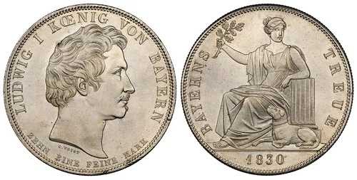 ドイツ・セントバイエルン。ルートヴィヒ1世、1830年、ARターラー。NGC MS65 Dav.-566; イェーガー40