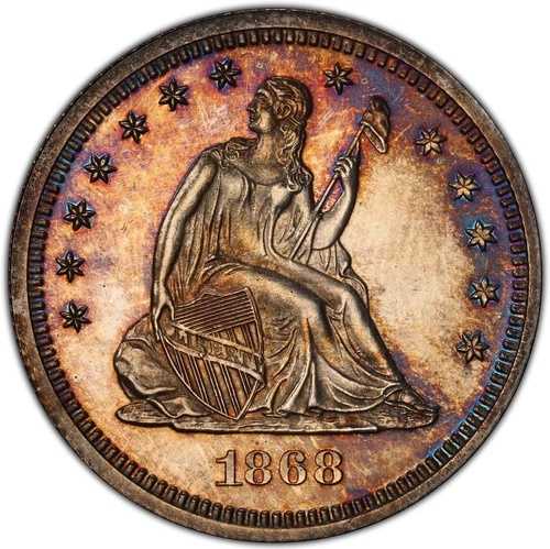 1868年製 リバティ・シーテッド・クォーター金貨 PCGS プルーフ65 カメオ！ 驚くほど美しい紫の色合い！