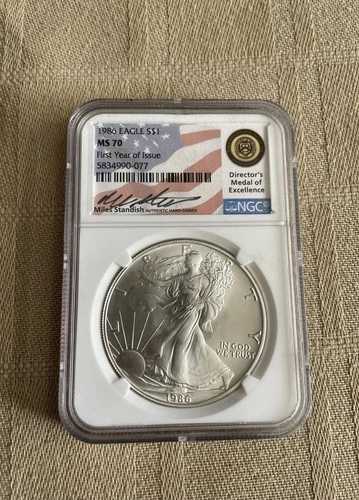 1986年アメリカンシルバーイーグルNGC MS 70 M.スタンディッシュ直筆サイン入りエクセレンスメダル
