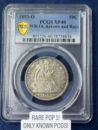 1853年-O |自由の女神座像ハーフドル | PCGS XF 40、WB-14、アローズ&レイ | ロット2-|WORLD RESOURCE【QUEEN店】