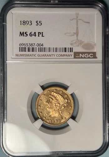 1893年 5ドル リバティゴールド ハーフイーグル NGC MS64 PL プルーフライク ? ポップトップ付き なし ファインダー｜WORLD RESOURCE【QUEEN店】