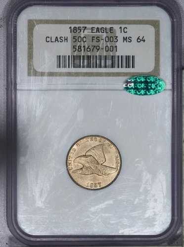 1857年フライングイーグルセント1セントNGC MS64 CAC - FS-003 50セントLBと衝突