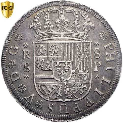 [#341660] スペイン、フェリペ5世、8レアル、1728年、セビリア、銀貨、PCGS、AU50、KM:336.3