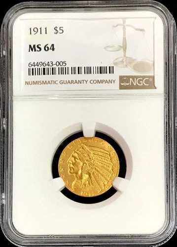 1911年 ゴールド USA $5 インディアンヘッド ハーフイーグル フィラデルフィア造幣局 NGC ミント ステート 64 728,200円