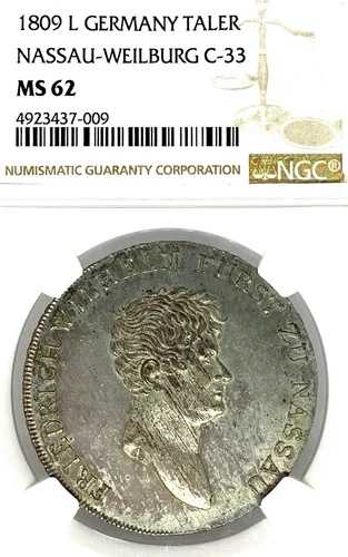 ドイツの州 ナッソー・ヴァイルブルク 1809年 L テーラー コイン テーラー NGC MS 62 VZ/F.STG UNC -