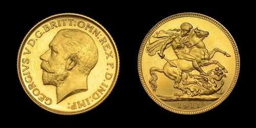 ジョージ5世、1911年ゴールドプルーフソブリン金貨、戴冠年発行、PF 64