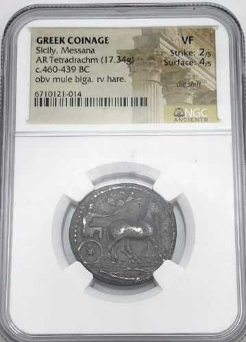 BC 460-439 シチリア島 メッサナ AR テトラドラクム ミュールヘア NGC VF ストライク 2/5 サーフェス 4/5-