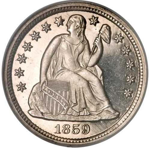 1859年 - 座像 10セント - NGC PF64 カメオ - 素晴らしい標本！わずか800個限定