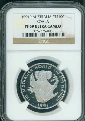 1991-P $100 オーストラリア コアラ プルーフ プラチナ 1 オンス NGC PR69 PF69 発行枚数: 500 !