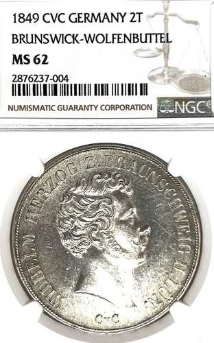 ドイツ国営ブラウンシュヴァイク・ヴォルフェンビュッテル 1849 CvC 2ターラー貨幣 ターラー NGC MS62 F.ST