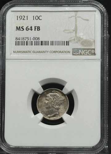 1921年ダイムズウィングドリバティヘッドまたはマーキュリーNGC MS-64 FB