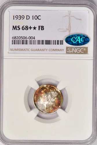 1939年 Dトーン マーキュリーダイム NGC MS 68+* FB CAC MS68 プラス スター FB トーニングコイン 10セント｜WORLD RESOURCE【QUEEN店】