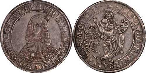 スウェーデン 1644 AG クリスティーナ シルバー リクスダラー NGC AU-55 素晴らしい肖像画!!｜WORLD RESOURCE【QUEEN店】