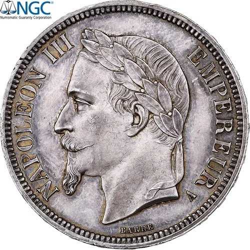 [#489507] フランス、ナポレオン3世、5フラン、1862年、パリ、銀、NGC、UNC詳細-