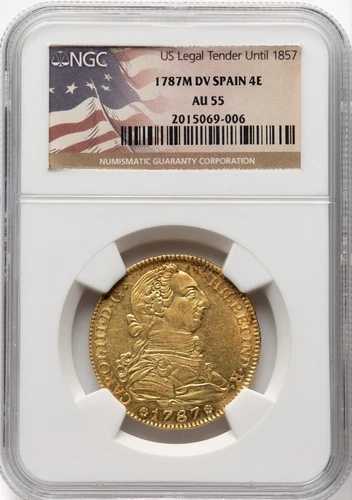 スペイン - 1787 M-DV カルロス3世 4エスクード - NGC AU55 - 見事なオレンジ色 - 希少