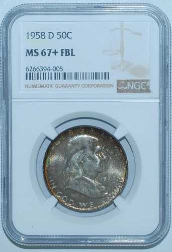 1958 D NGC MS67+FBL フルベルライン フランクリン ハーフダラー レインボートーン 裏面